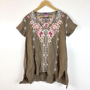 Johnny Was Los Angeles Embroidered Linen Tunic Top Brown Floral V-Neck M